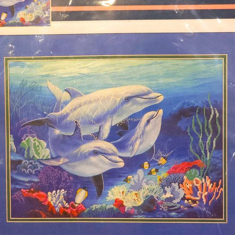 1996 Sunset No Count Cross Stitch Kit Underwater Tranquillity Dolphins